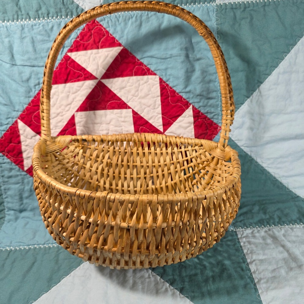 Wicker Gathering Basket Tan Woven Handle Half Basket Farmhouse Cottagecore Decor